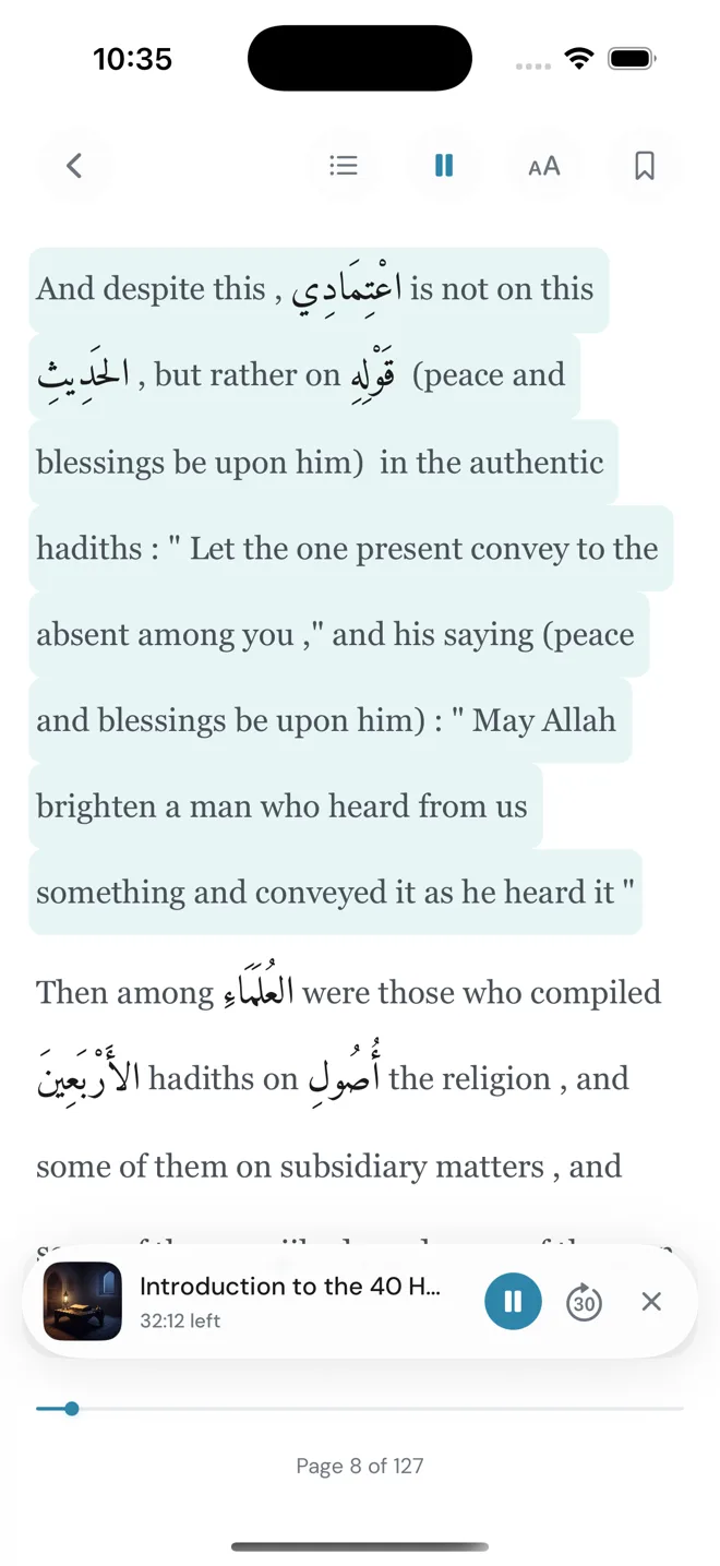 The Forty Hadith of Imam al-Nawawi shown in the Nuqta reader, with Arabic words set inside the English