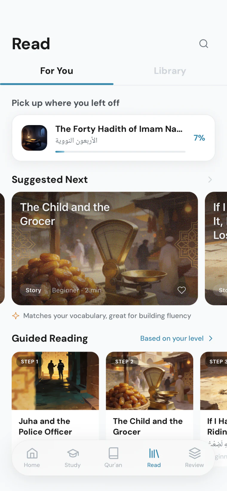 The Read tab in the Nuqta Arabic app, showing a book in progress, suggested passages, and a guided reading path